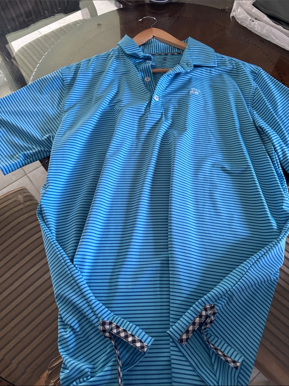 Men's large bald head blues albatross style golf shirt